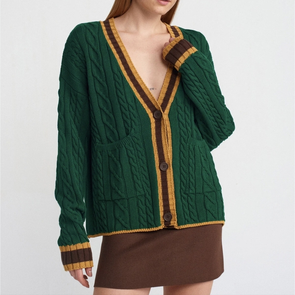 Zara Varsity Emerald Green Cableknit Button Down Cardigan Small